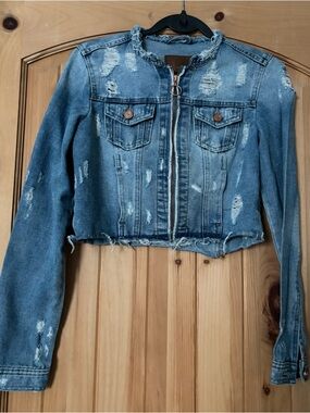 Distressed Light Blue Cropped Denim Jacket